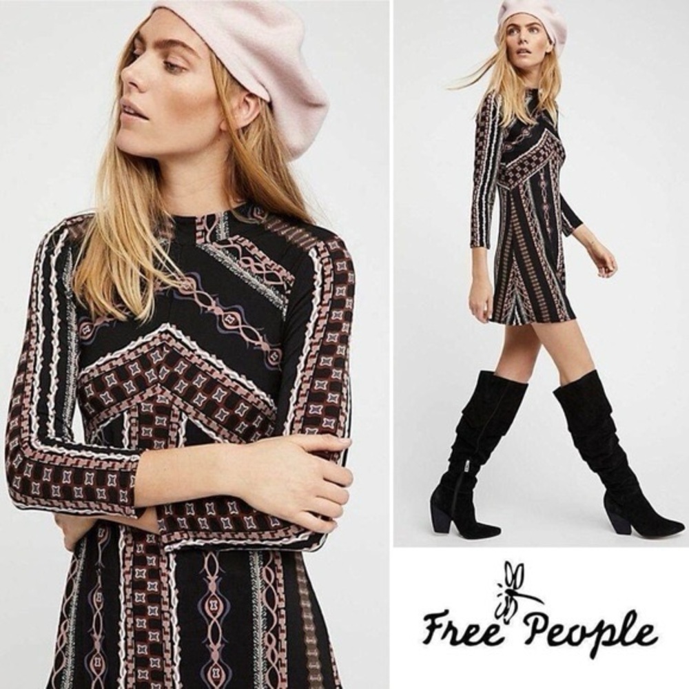 Free People Black Printed Long Sleeve Mini Dress with Pink Accents